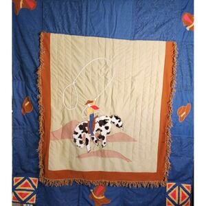 VTG Crown Crafts Western Cowboy Twin Comforter Blue Paisley‎ Fringe Applique